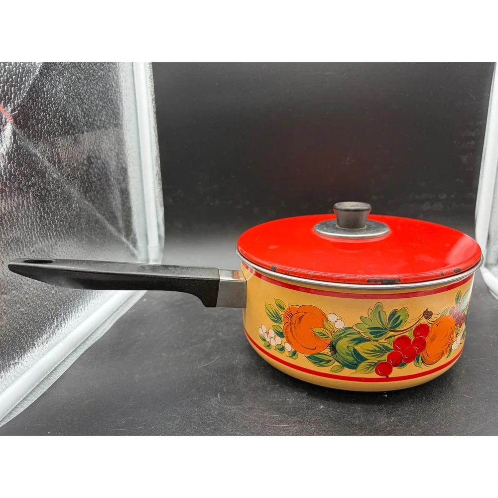 Vintage Enamelware Saucepan with Red Lid‎ Fruit Floral Motif Yellow Pot